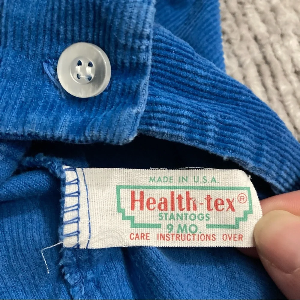 Vintage Health-tex 9M Blue Corduroy Overalls Bear Appliqué USA‎ Retro Baby